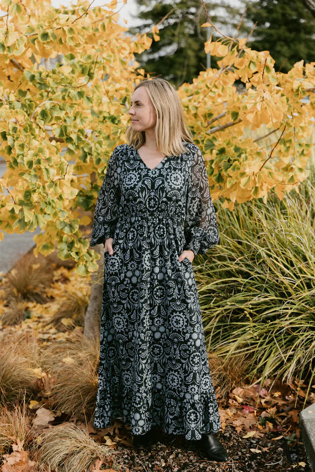 Home-lee X Label Long Sleeve Greta Dress - Damask
