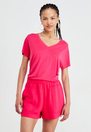 MSCH Fenya Modal V-Neck Tee - Rose Red