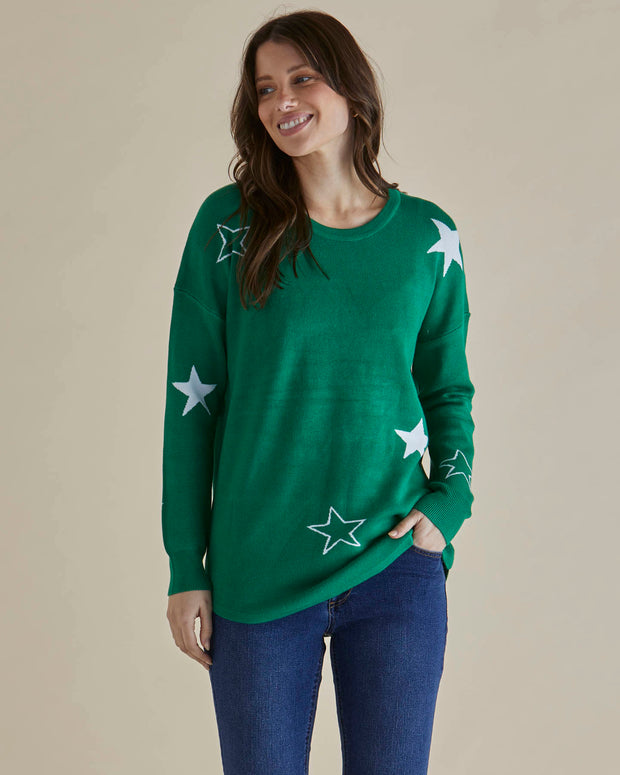 Betty Basics Sophie Knit Jumper - Green Stars