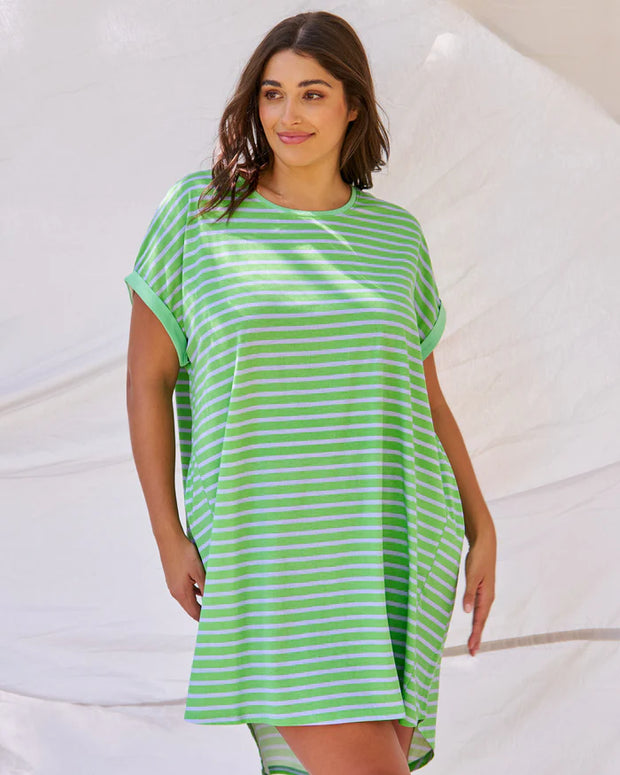 Betty Basics Maxine T-Shirt Dress - Green Tea/Cornflower Stripe