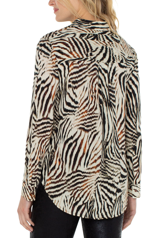 Liverpool Button Front Woven Blouse - All Over Patchwork Animal Print