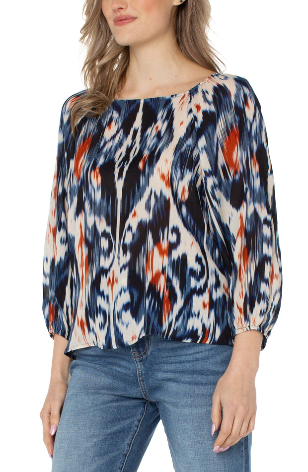 Liverpool 3/4 Puff Sleeve Square Neck Woven Top - All Over Ikat Print