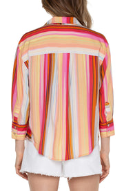 Liverpool Button Front Shirt With 3/4 Sleeves - Berry Blossom Multi Stripe