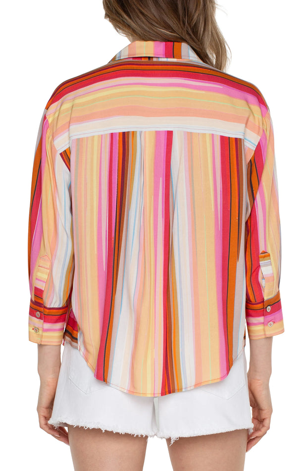 Liverpool Button Front Shirt With 3/4 Sleeves - Berry Blossom Multi Stripe