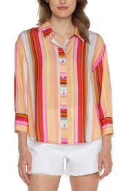 Liverpool Button Front Shirt With 3/4 Sleeves - Berry Blossom Multi Stripe