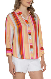 Liverpool Button Front Shirt With 3/4 Sleeves - Berry Blossom Multi Stripe