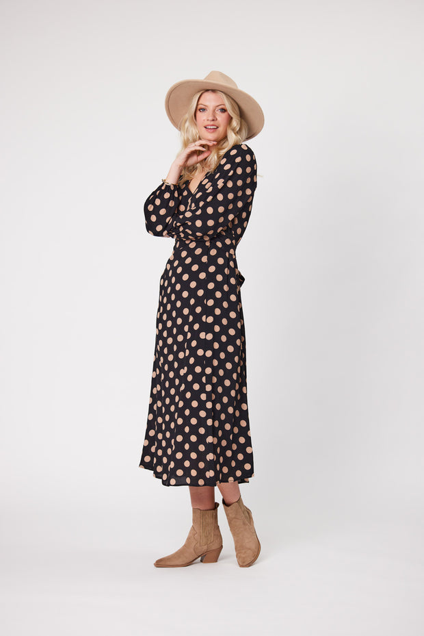 Lemon Tree Sabrina Dress - Latte Polkadot