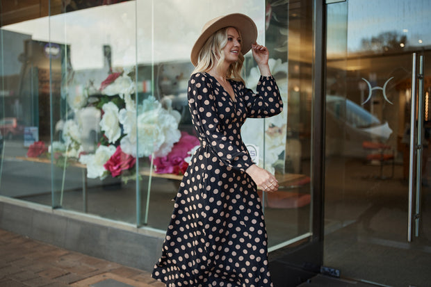 Lemon Tree Sabrina Dress - Latte Polkadot