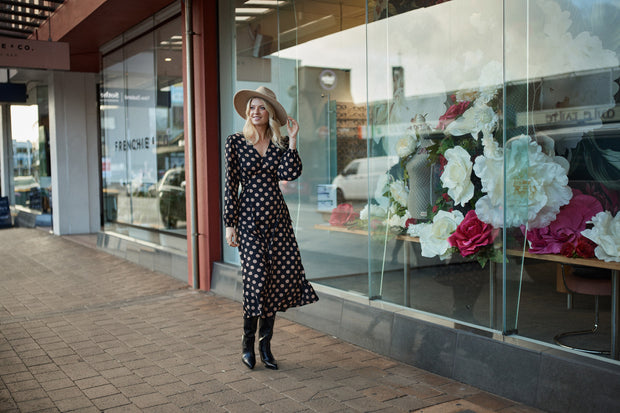 Lemon Tree Sabrina Dress - Latte Polkadot