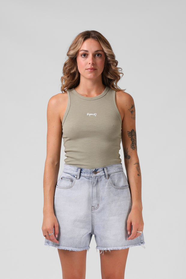 RPM Heart Ribbed Singlet - Light Olive