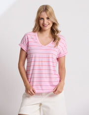 Stella + Gemma Soho Cuff V Tee - Candy With Red Stripe