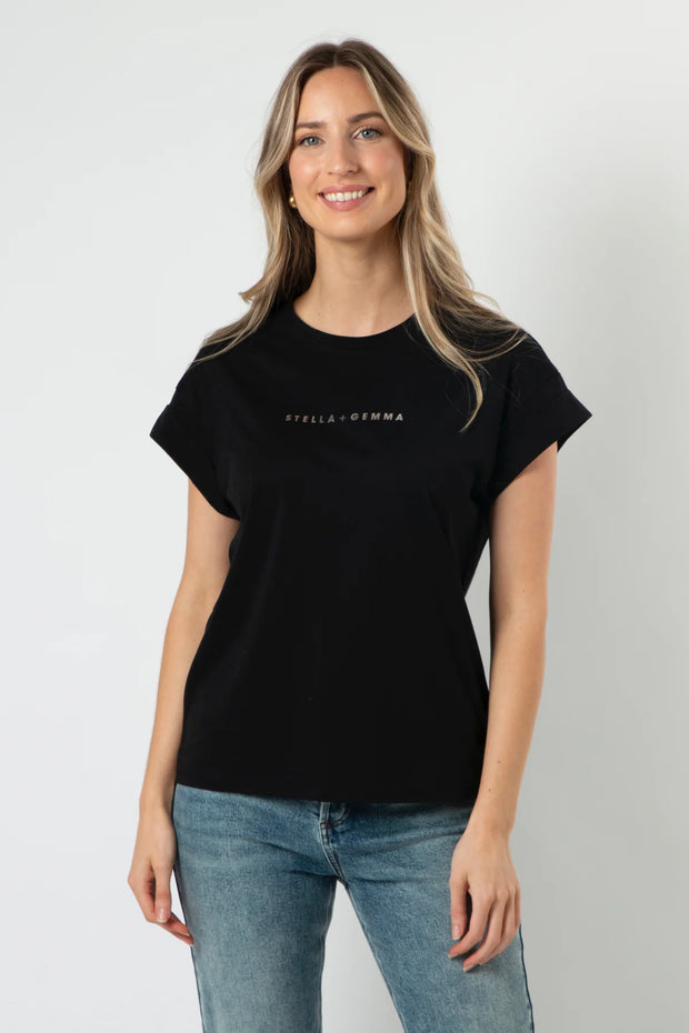 Stella + Gemma Cuff Sleeve T-shirt - Black With Silver Logo