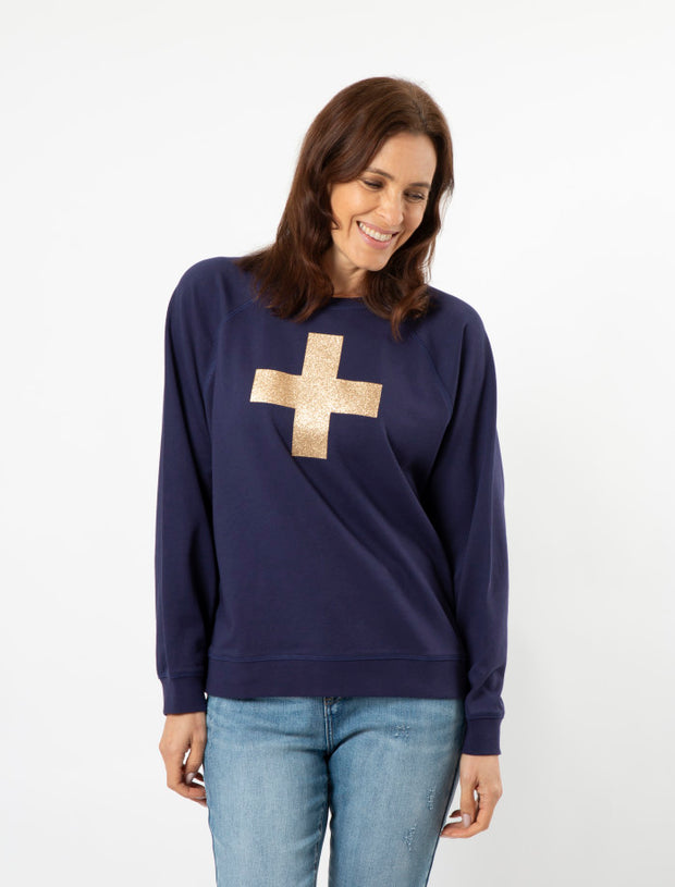 Stella + Gemma Everyday Sweater - Navy Gold Glitter Cross