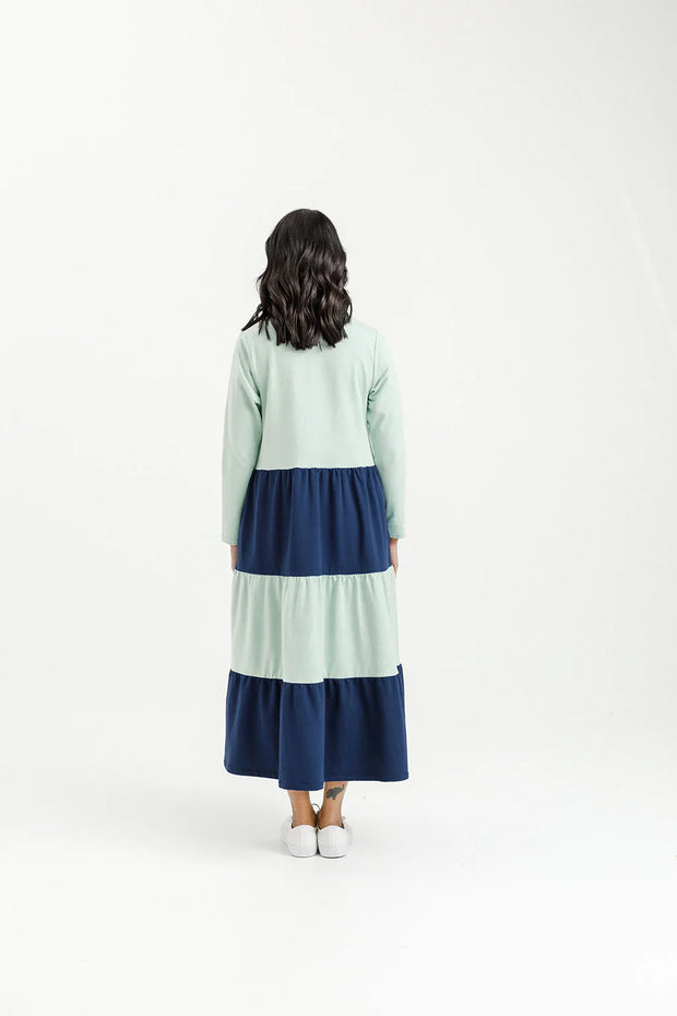 Home-lee Long Sleeve Kendall Dress - Seafoam and Indigo Blue