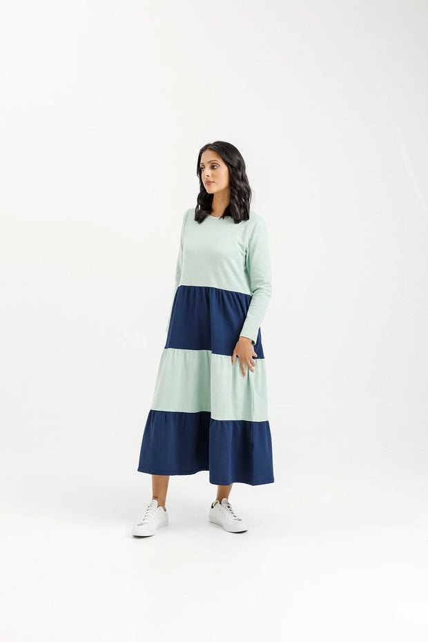 Home-lee Long Sleeve Kendall Dress - Seafoam and Indigo Blue