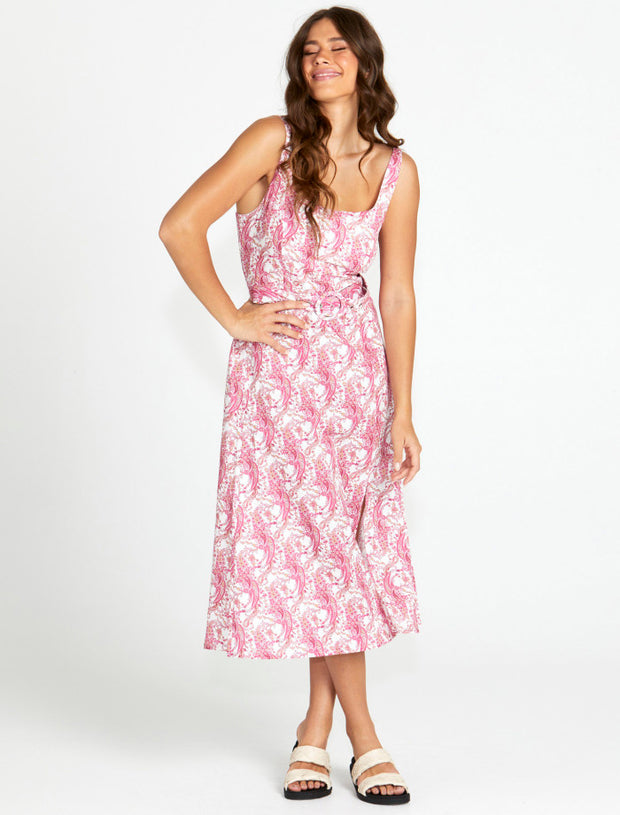 Sass Jemima Belted Midi Dress - Pink Paisley