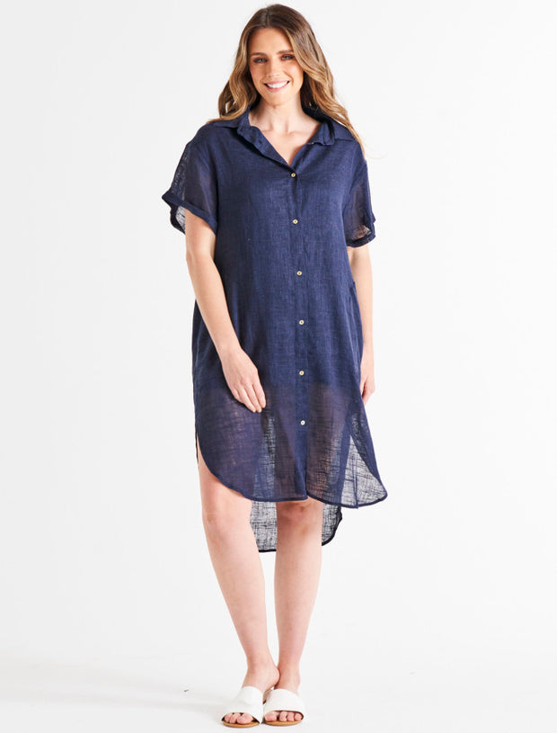 Betty Basics Lani Linen Shirt Dress - Navy