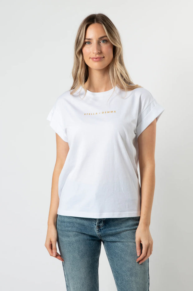 Stella + Gemma Cuff Sleeve T-shirt - White With Gold Logo