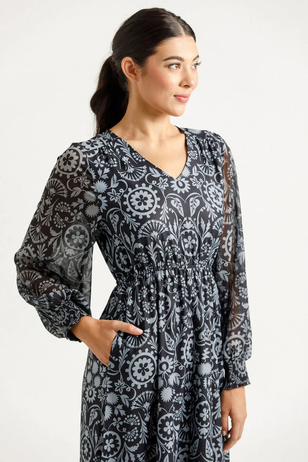 Home-lee X Label Long Sleeve Greta Dress - Damask