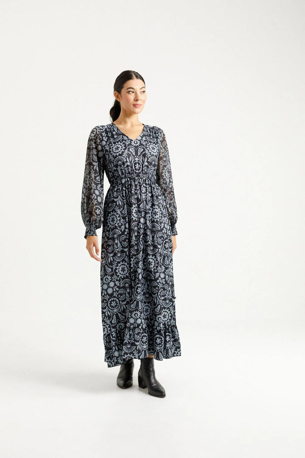 Home-lee X Label Long Sleeve Greta Dress - Damask