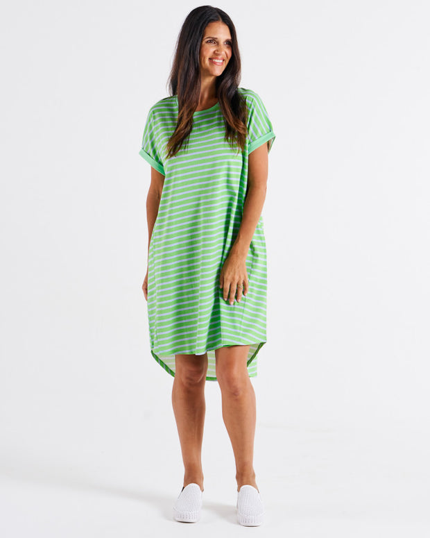 Betty Basics Maxine T-Shirt Dress - Green Tea/Cornflower Stripe