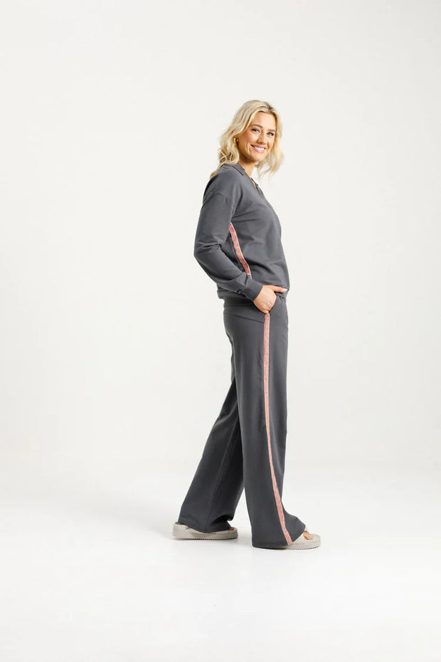 Home-lee Palazzo Pants - Graphite With Blossom Velvet Ribbon