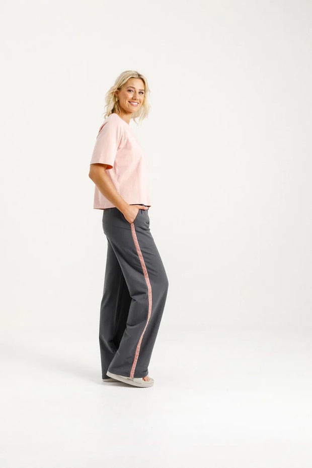 Home-lee Palazzo Pants - Graphite With Blossom Velvet Ribbon