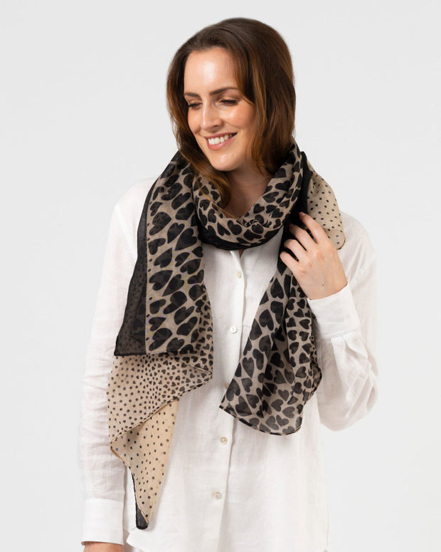 Stella + Gemma Scarf - Beige With Black Hearts & Dots